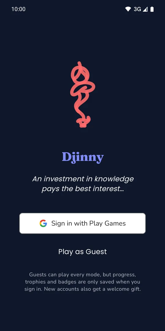 Djinny welcome screen with the Sign in with Play Games button and a Play as Guest option