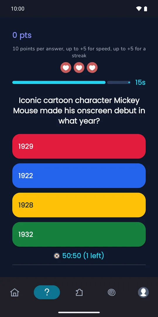 Djinny quiz screen: a question about when Mickey Mouse made his debut, with three lives, a countdown and four colored answer tiles
