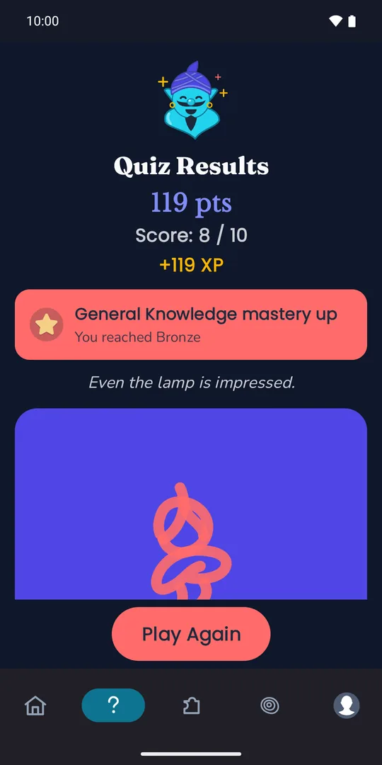 Quiz results with the score, XP earned and a category mastery upgrade, with the Djinny djinn celebrating