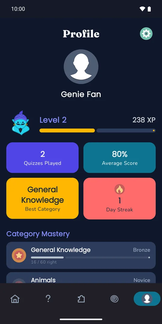 Profile screen showing level, XP, quizzes played, average score, day streak and category mastery